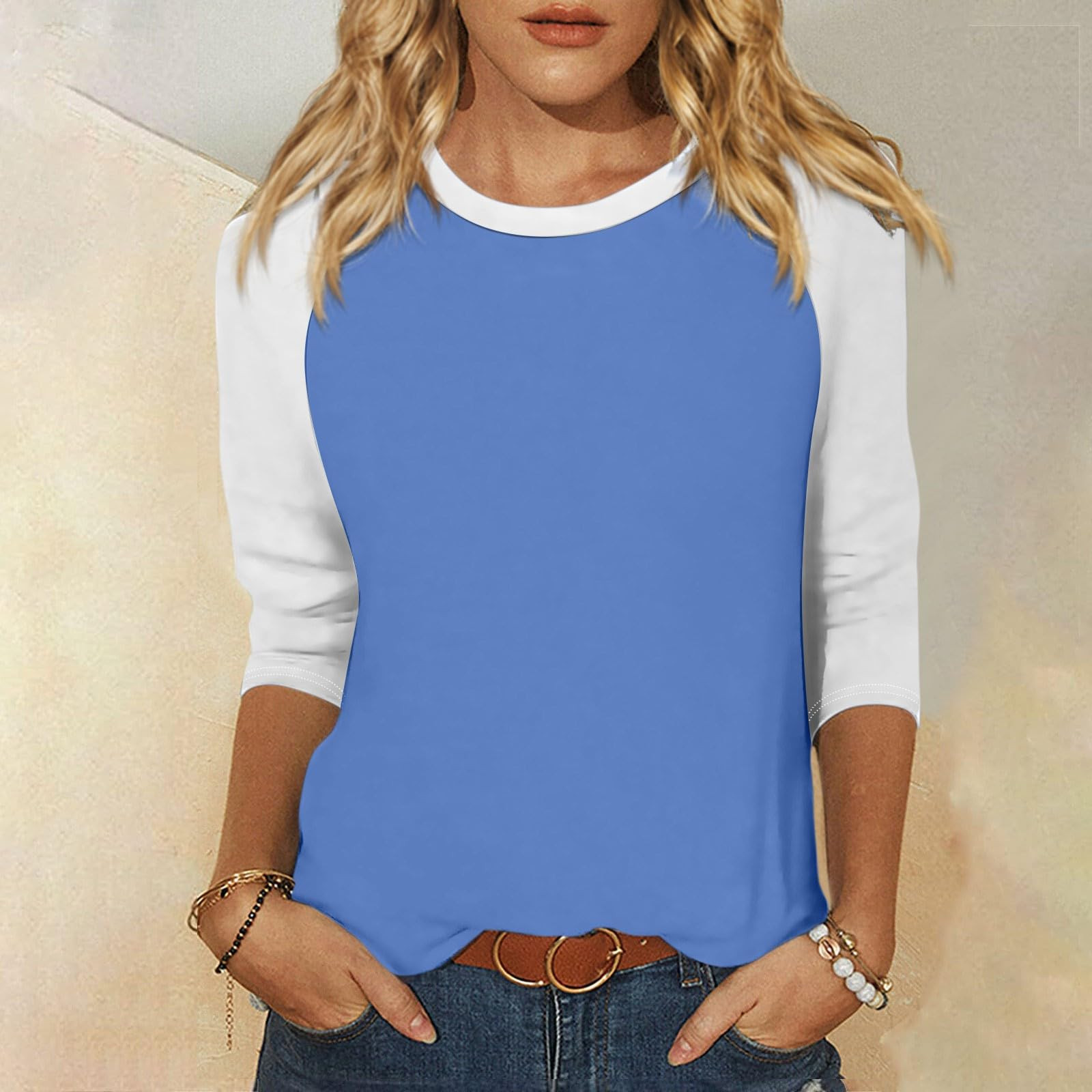thumbnail image 2 of Camiseta raglán de manga 3/4 para mujer: cuello redondo, estampado informal, versátil para todas las estaciones (S-XXL), 2 of 5